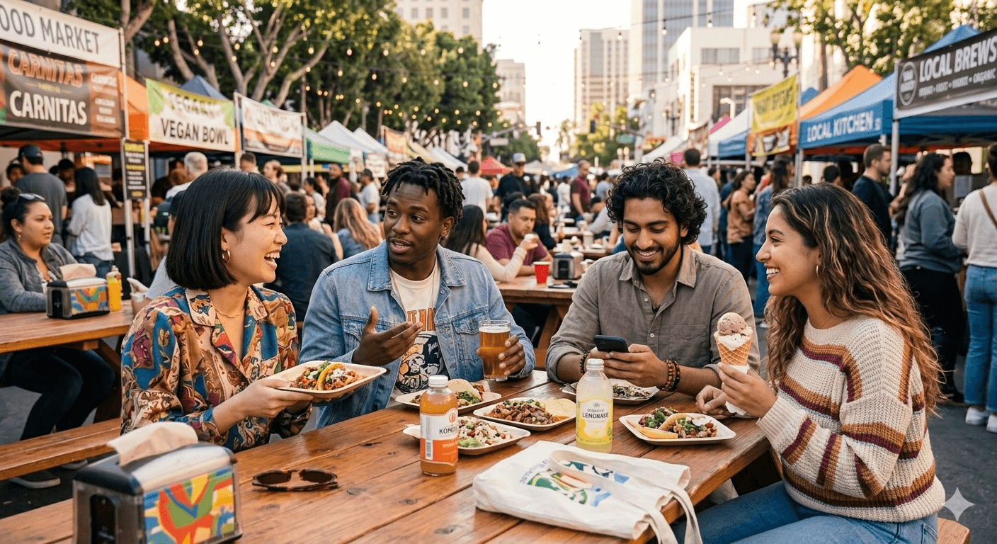 International students enjoying food and conversation at an outdoor market in the United States