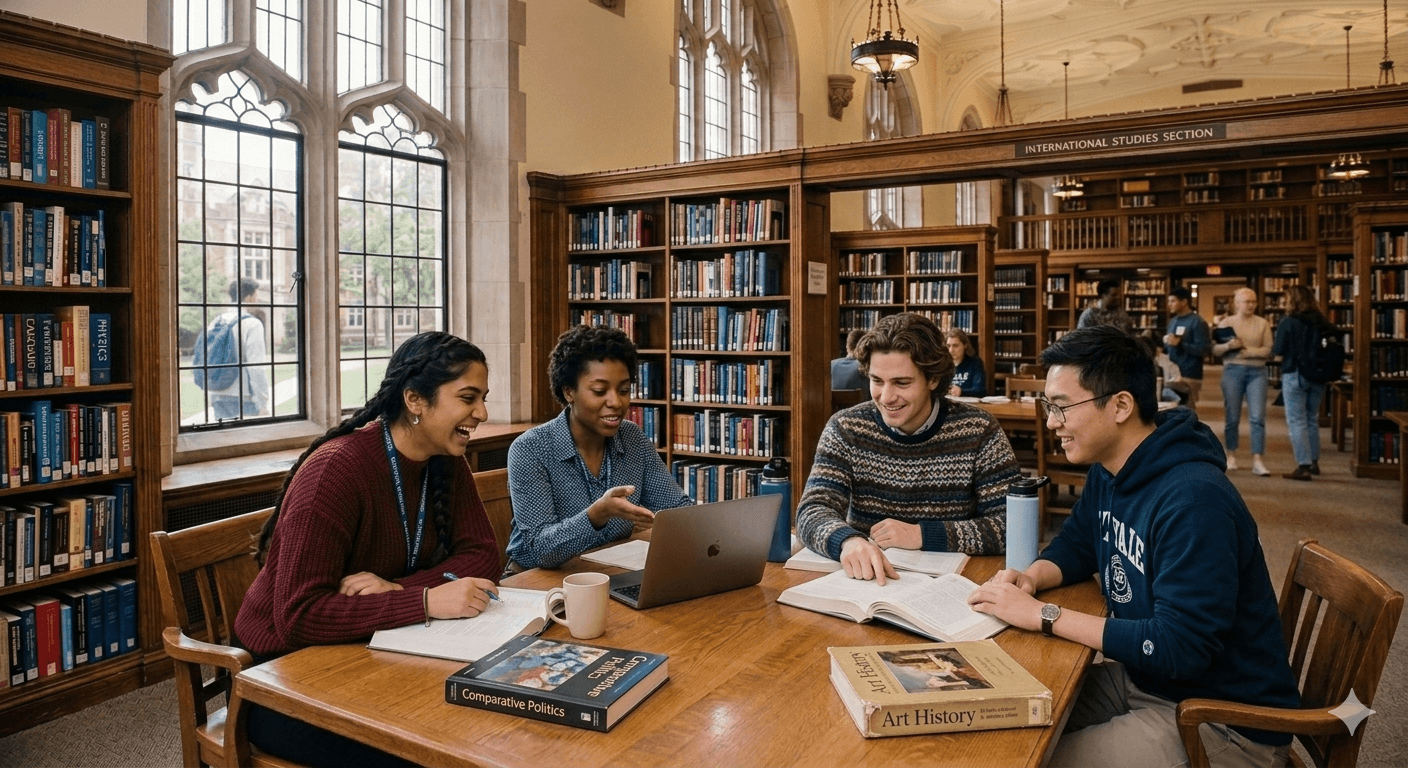 Diverse international students studying together in a university library International Studies section