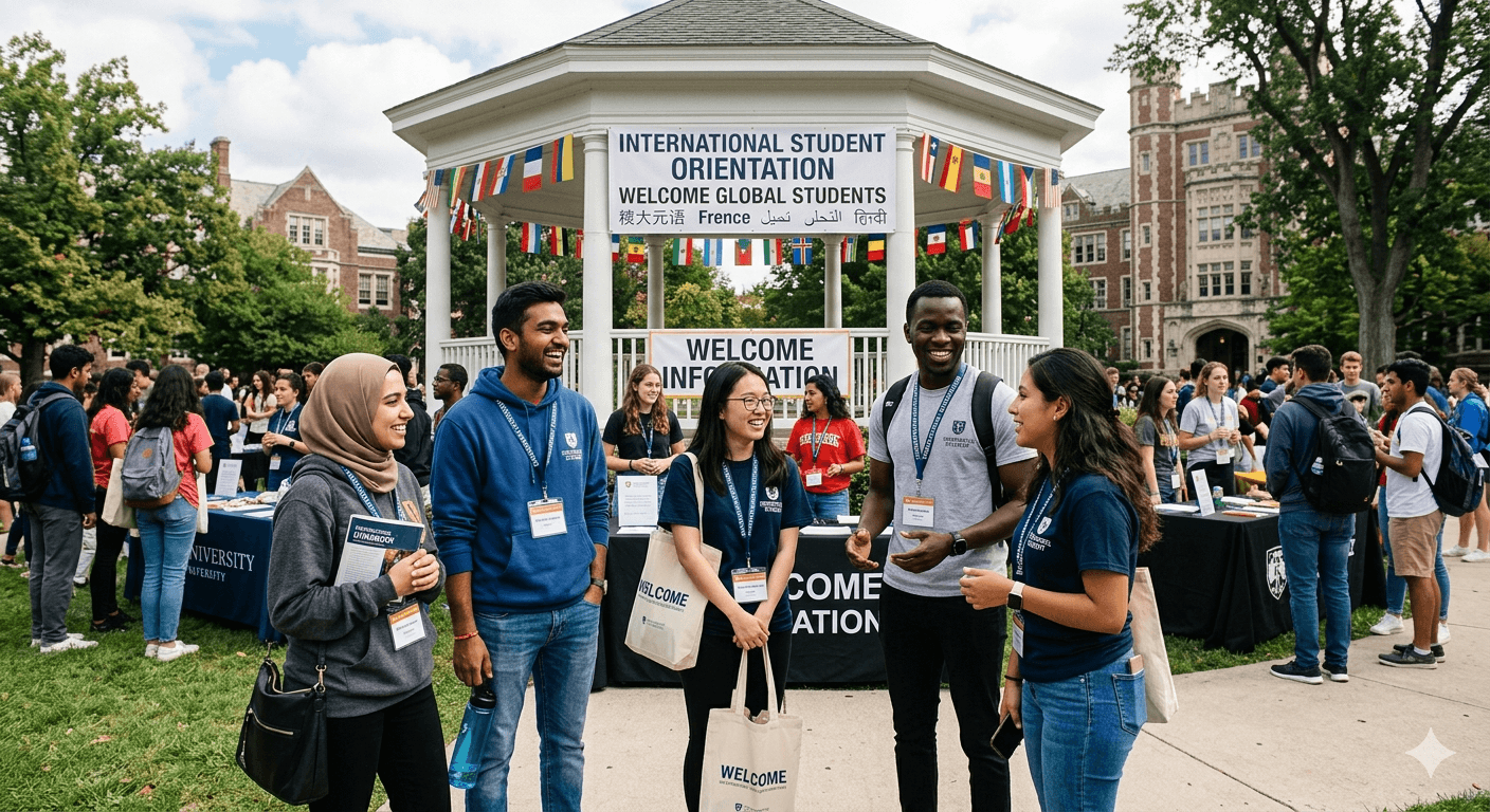 International students at university orientation with welcome signs and flags from around the world
