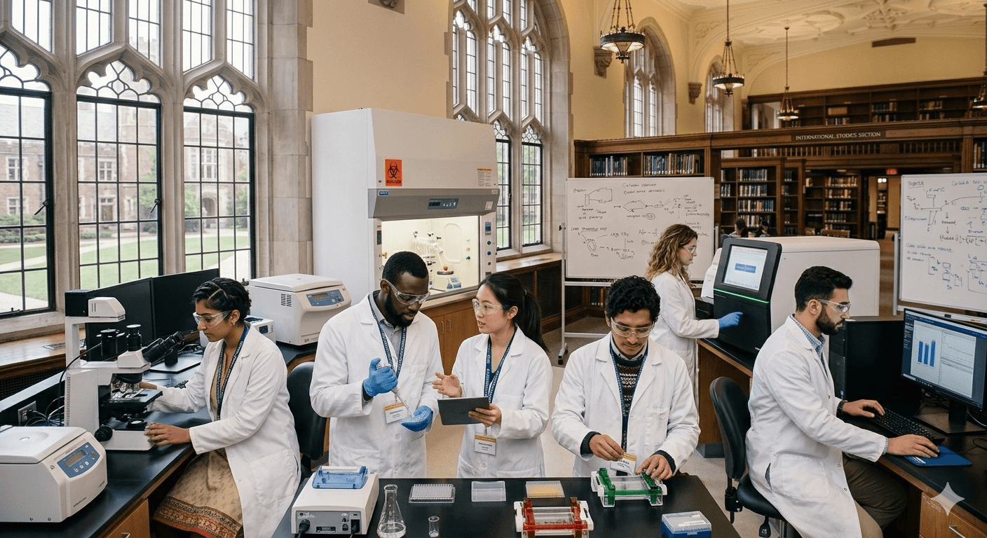 International students in white lab coats conducting research in a university laboratory
